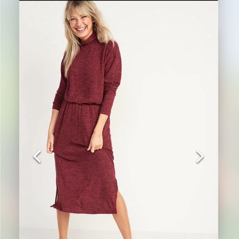 Old Navy Long-Sleeve Mock-Neck Waist-Defined Midi Sweater Dress xs washed red
